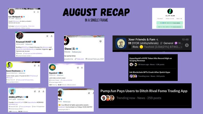 The image is an "August Recap" collage featuring screenshots of Twitter/X posts and messages from notable crypto accounts including Luc (Backpack), Emanuell KAST, Dave (Dailyadnation), Xeer's Friends & Fam (@Dyor_general), Jason Desimone, Szymon, ZAMA_APPLE, and Eli V, alongside trending news headlines about Pump.fun, Hyperliquid, and BlockSlabs NFT. The collage visually summarizes the user's August highlights mentioned in the caption—showcasing connections with crypto influencers (mutuals), trending appearances, and mentions of BlockSlabs NFTs and memecoin activity.