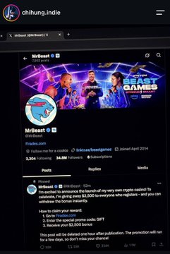The image shows a screenshot of a MrBeast-branded Instagram account (@MrBeast) with 3,304 likes, 34,000 followers, and 92 subscribers, promoting a crypto/Bitcoin giveaway. The accompanying post warns that this is a hacked or impersonated account scamming users with fake cryptocurrency promotions, advising followers to enable two-factor authentication and report suspicious accounts.