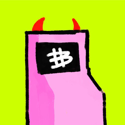 A pink rectangular device with red devil horns and a black screen displaying a white dollar sign ($) is set against a bright green background.
