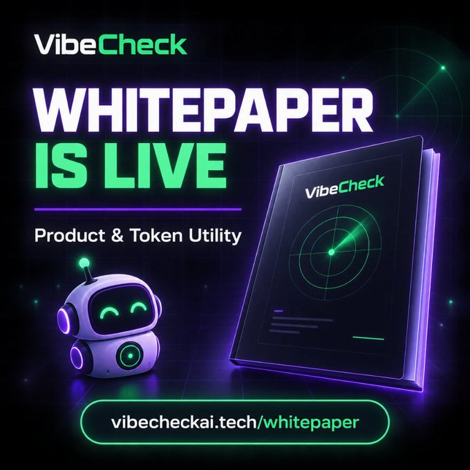 A promotional graphic for 'VibeCheck' announcing 'WHITEPAPER IS LIVE' about Product & Token Utility, featuring a purple robot mascot and a book, with URL vibecheckai.tech/whitepaper.