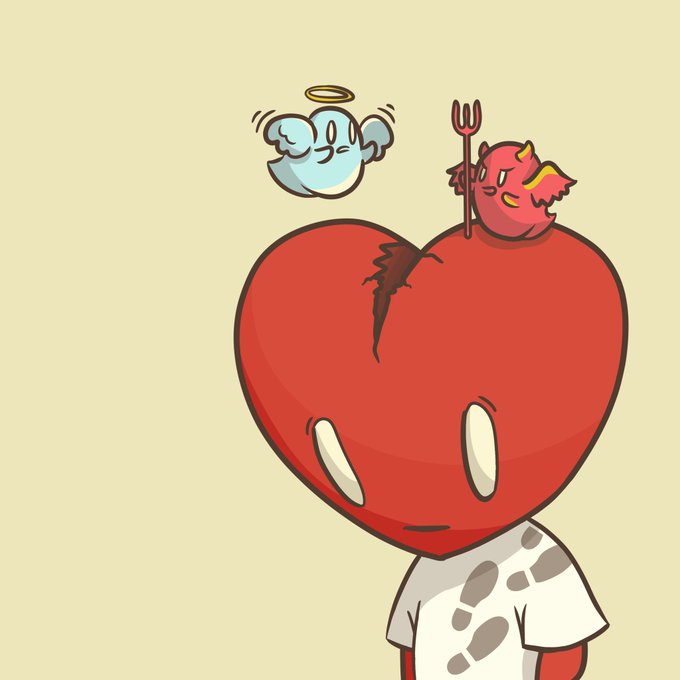 A cartoon illustration shows a character with a large red heart-shaped head wearing a white shirt, accompanied by a small blue angel and a red devil perched on top.