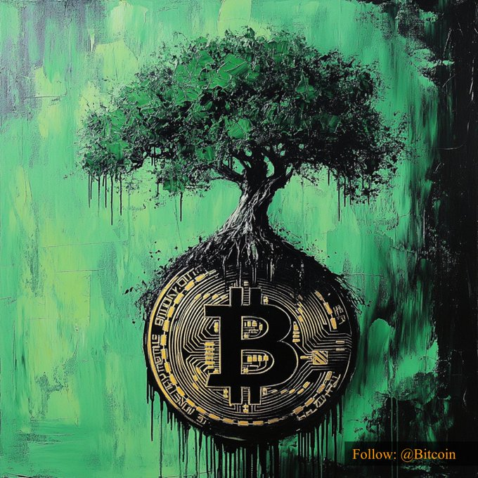 The image shows a Bitcoin coin styled as the roots and base of a tree with a green leafy canopy, symbolizing Bitcoin's growth, against a dripping green and black painted background. The text "Follow: @Bitcoin" appears in the bottom right corner, complementing the post's price update of $81,350.02 for #Bitcoin.
