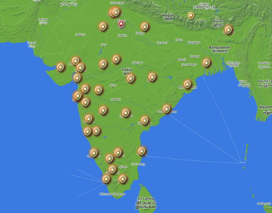The image features a map of India, which includes various cities across the country. The map also displays a list of locations where Geocaching, an outdoor activity that involves finding hidden containers or caches using GPS coordinates, can be found. The map is interactive with pins for each location, allowing users to mark their favorite spots and explore the geocaching network in India.