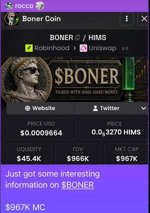 A user shares a screenshot of the "Boner Coin" ($BONER) token page, showing a market cap of $967K alongside the text "Just got some interesting information on $BONER," referencing their earlier call about the token before it reached an $83M market cap.
