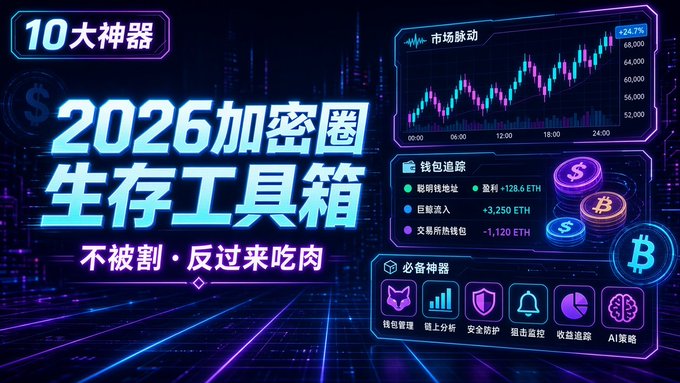 A vibrant neon-styled graphic promoting a "2026 Crypto Survival Toolbox" (2026加密圈生存工具箱), featuring a market trend chart showing a +24.7% gain, wallet tracking stats including 128.6 ETH and 3,250 ETH, and icons for essential tools like wallet management, on-chain analysis, security protection, coin monitoring, earnings tracking, and AI strategies—paired with the tagline "Don't get harvested, feast instead" (不被割·反过来吃肉), visually reinforcing the post's message about equipping oneself with the right crypto tools to thrive rather than get "rekt" in 2026.