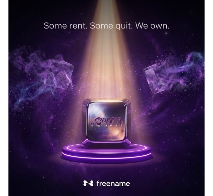 A glowing purple pedestal displays a cosmic cube with ".own" emblazoned on it, illuminated by a divine spotlight against a starry backdrop with the tagline "Some rent. Some quit. We own." and the "freename" logo below—visually reinforcing the post's message that while rival naming services have faltered or abandoned their Web3 vision, Freename stands resilient as the lasting owner of the space.
