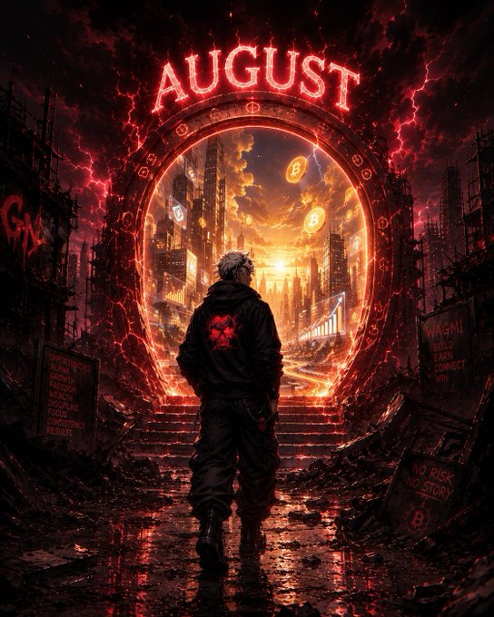 A dark, fiery digital artwork showing a hooded figure walking toward a glowing portal labeled 'AUGUST' that reveals a cityscape with Bitcoin symbols, surrounded by red smoke and 'NO RISK NO STORY' text.