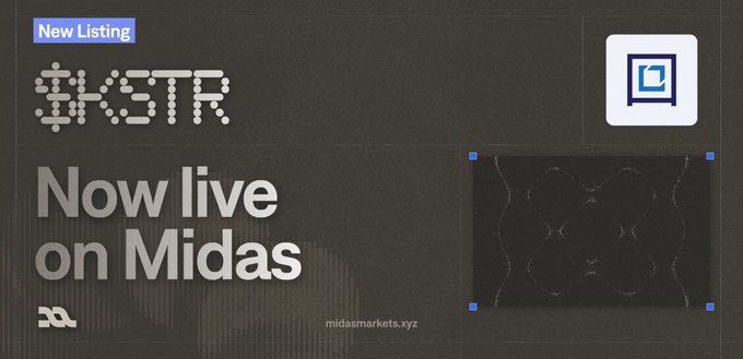 A promotional banner announcing $KSTR as a new listing on Midas Markets, featuring the ticker logo, the headline "Now live on Midas," and the website "midasmarkets.xyz." The image visually represents the post's announcement about the KraneShares KSTR ETF tracking China's STAR Market semiconductor companies.