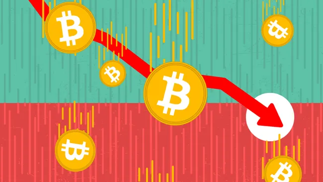 A graphic illustration showing gold Bitcoin coins falling against a background split between teal and red, with a red arrow pointing downward, indicating a cryptocurrency price decline.