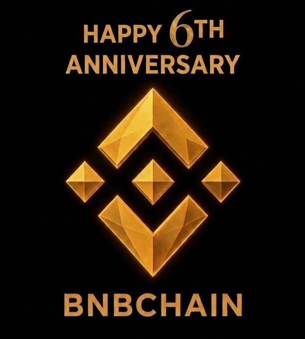A celebratory graphic reading 'HAPPY 6TH ANNIVERSARY BNBCHAIN' featuring the gold Binance logo on a black background.