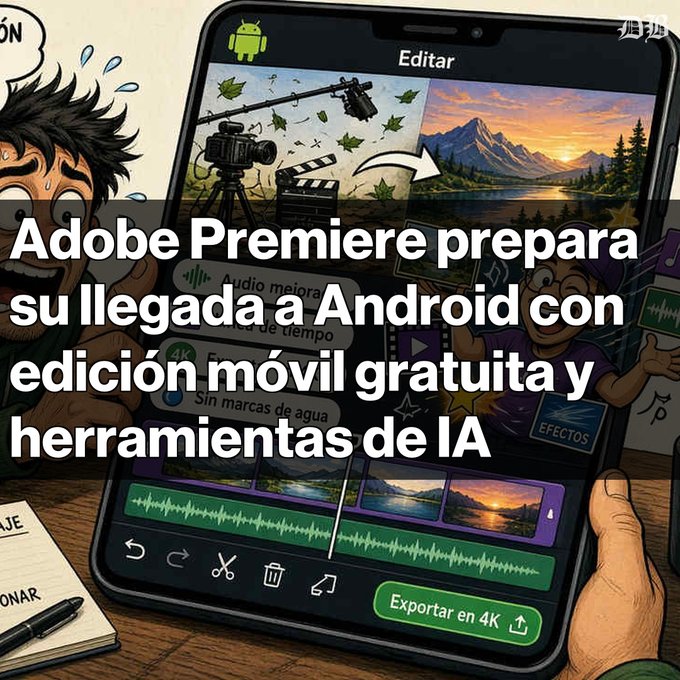A Spanish-language article graphic announcing 'Adobe Premiere prepara su llegada a Android con edición móvil gratuita y herramientas de IA', featuring an illustration of a person editing video on a smartphone.