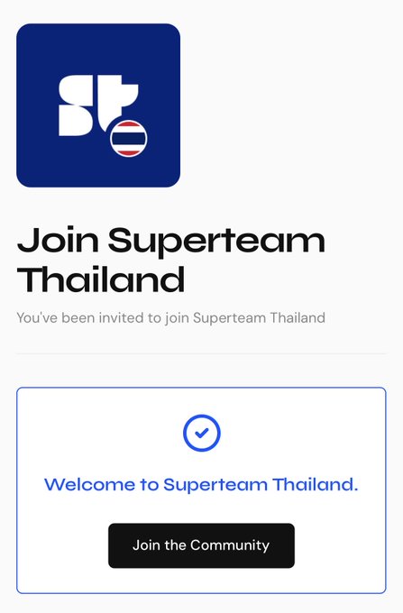 An invitation screen to 'Join Superteam Thailand' with the ST logo featuring a Thai flag emblem and a 'Join the Community' button.