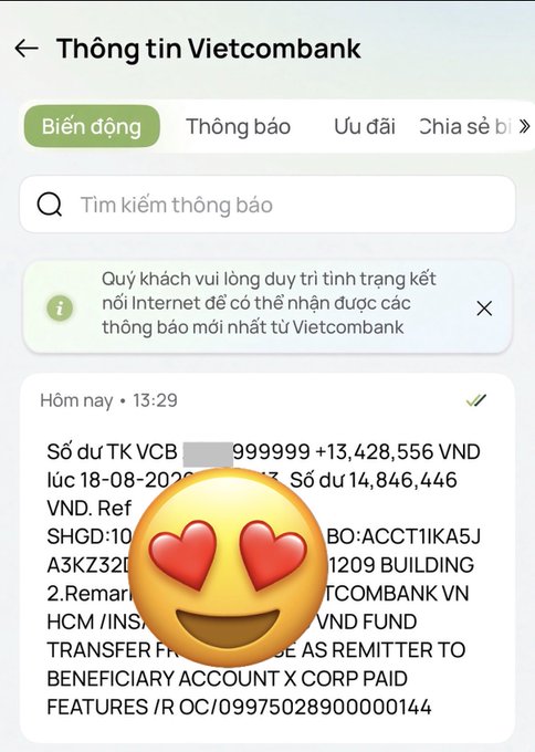 A screenshot of a Vietnamese-language Vietcombank mobile app notification showing a transaction receipt of 14,846,446 VND, partially obscured by a heart-eyes emoji.