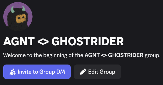 A social media or chat interface showing a group called 'AGNT <> GHOSTRIDER' featuring a profile picture of a fuzzy black character with horns, with buttons to 'Invite to Group DM' or 'Edit Group'.