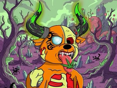 A cartoonish orange creature with horns, one normal eye and one glowing eye, sticks out its tongue to reveal a cannabis leaf, set in a spooky purple forest landscape.