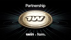 The image displays a "Partnership" announcement featuring a gold coin with the "1WIN" logo, accompanied by the text "1win x fam." at the bottom, visually promoting the collaboration between 1win and Fam Crypto Space described in the post.