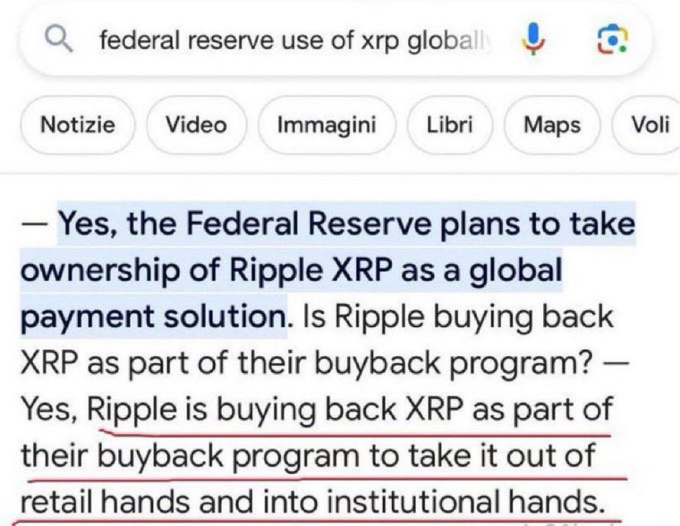 A Google search snippet for "federal reserve use of xrp globally" displays an AI-generated answer claiming that the Federal Reserve plans to take ownership of Ripple XRP as a global payment solution, and that Ripple is buying back XRP to move it from retail to institutional hands. The image supports the accompanying post's claim that Google reports suggest the Federal Reserve could take control of Ripple's XRP technology as a global payment solution.