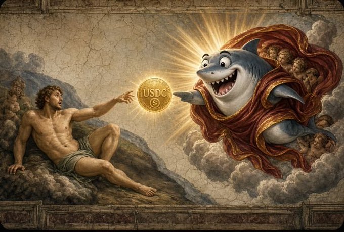 A Renaissance-style painting parodying Michelangelo's Creation of Adam, where a cartoon shark offers a glowing gold coin labeled 'USDC' to a man.