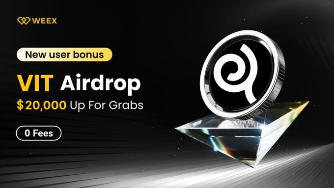 The image shows an advertisement for a new cryptocurrency called VIT, which is being promoted by WEEX. The advertisement features a gold and silver square pyramid on top of a black background with the words "VIT Airdrop" and "NEW USER bonus", along with a warning that the offer expires in 10 minutes. A large air drop coin is displayed in the image at the center, indicating the nature of the cryptocurrency being promoted. The advertisement suggests that users can earn up to $20,000 by participating in this new listing opportunity.