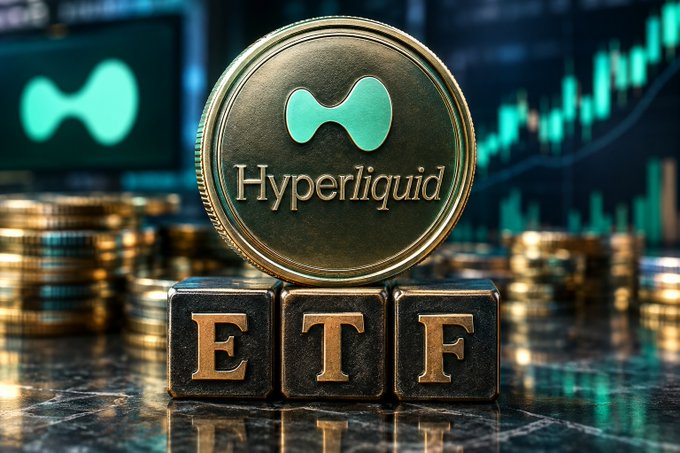 A 3D-rendered promotional image showing a gold coin featuring the Hyperliquid logo above block letters spelling 'ETF', with stock chart graphics and coins in the background.