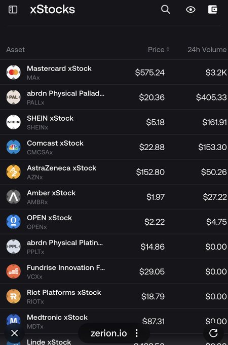Screenshot of the xStocks mobile app displaying a list of tokenized stocks including Mastercard xStock (MAx) at $575.24, abrdn Physical Palladium (PALLx) at $20.36, SHEIN xStock (SHEINx) at $5.18, Comcast xStock (CMCSAx) at $22.88, and AstraZeneca xStock (AZNx) at $152.80.