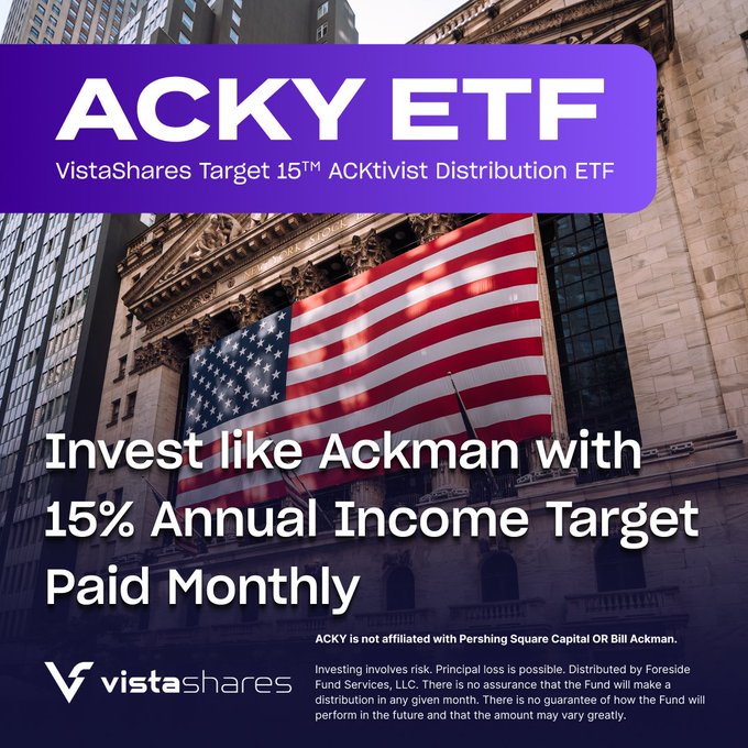 Advertisement for 'ACKY ETF' by VistaShares, featuring a large American flag on a building with text: 'VistaShares Target 15 ACKtivist Distribution ETF' and 'Invest like Ackman with 15% Annual Income Target Paid Monthly'.