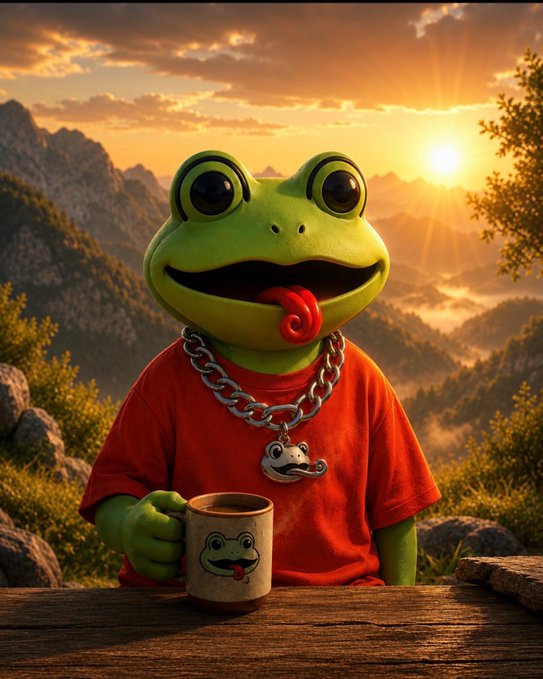 A cartoon-style image of a green frog wearing a red shirt and a silver chain with a mustache pendant, sticking its tongue out while holding a frog-decorated mug against a sunset mountain landscape.