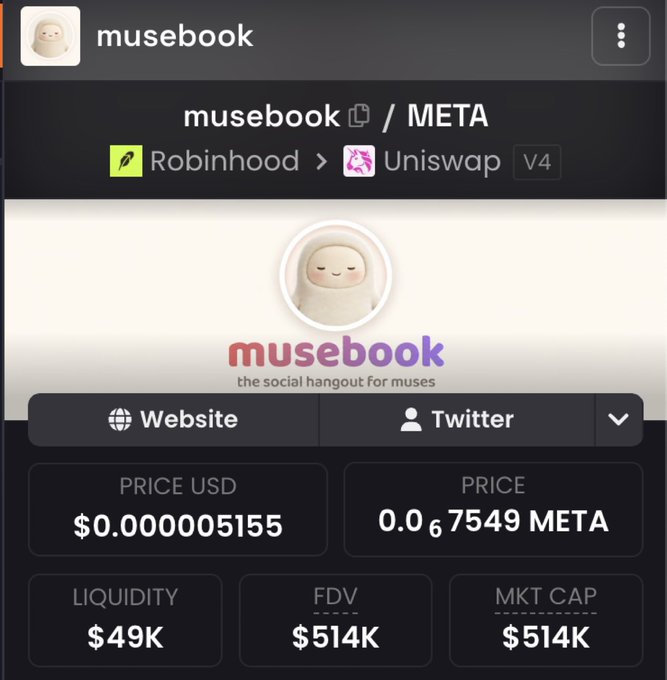 A mobile screenshot showing the Musebook (META) token on Uniswap V4 via Robinhood, priced at $0.000005155 USD with a market cap of $514K and FDV of $514K. This likely supports the "$10 SOL Giveaway" post by showcasing a low-cap memecoin project to drive engagement on the quote tweet.