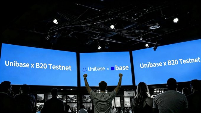 A person raises their fists in celebration at an event featuring three large screens displaying "Unibase x B20 Testnet" and "Unibase x base" against a blue background, visually celebrating the launch of the B20 test token on Base Sepolia as announced in the post.