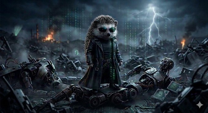 A hedgehog wearing sunglasses and a leather trench coat stands triumphantly amid a post-apocalyptic landscape of destroyed robots, with glowing green digital code and lightning in the background, symbolizing the resilience and revival of the "$HEDGY @hedgycoin" project as it "runs it back" after the destruction.