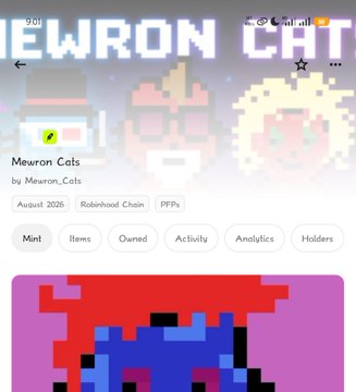A screenshot of a webpage titled 'MEWRON CATS' by Mewron_Cats, created in August 2026, showing a pixelated red and blue cat NFT artwork with tabs for Mint, Items, Owned, and Activity.