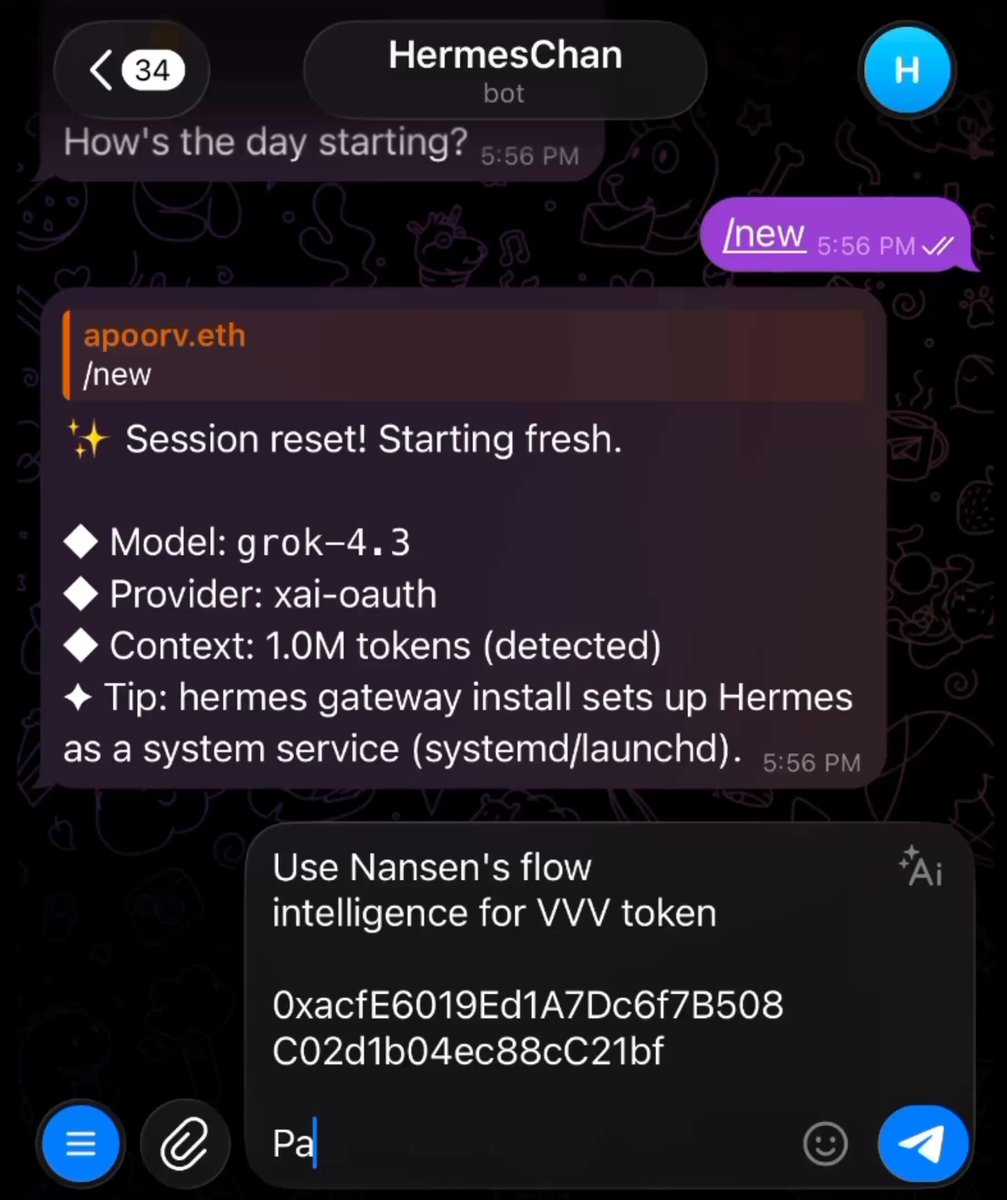 The image shows a message conversation between two people, with one person typing out a message about using Nansen's flow for Bitcoin transactions. The other person responds with a message that says "How's the day starting?". This response includes a link to a page where the user can pay for Bitcoin privately using their agent's wallet.