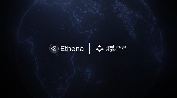 The image features a large, blue-green globe with the words "Ethena" and "Anchorage Digital" written above and below it. The text is in white, making them stand out against the dark background of the globe.