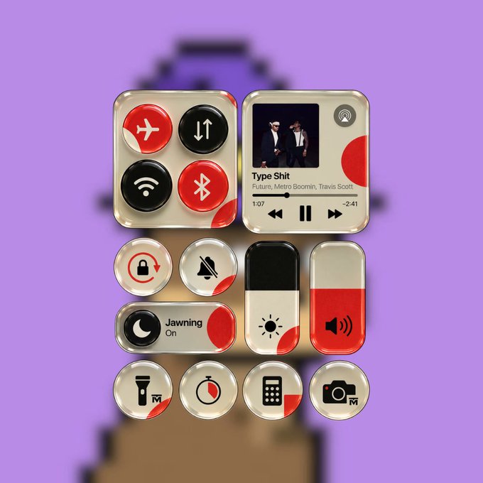 A stylized, 3D-rendered iOS Control Center interface with gold and red themed buttons for airplane mode, Wi-Fi, music playback ('Type Shit' by Future, Metro Boomin, Travis Scott), brightness, volume, and other shortcuts.