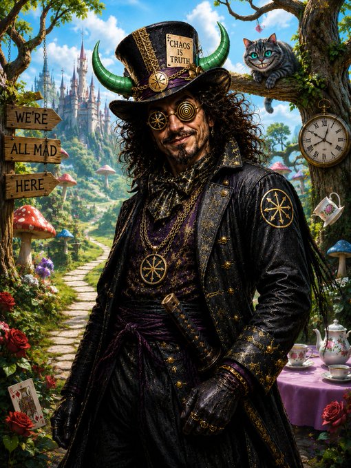 The image shows an eccentrically dressed man in an elaborate black and gold outfit with a top hat bearing the phrase "CHAOS IS TRUTH," green horns, and spiral sunglasses, standing in a whimsical Wonderland-like setting featuring a "WE'RE ALL MAD HERE" sign, a Cheshire Cat perched on a tree next to a melting clock, and a Mad Hatter tea party. The caption references the post's theme of defying bearish market signals: *"In a market full of noise, the bull walks the mad path—chaos as truth, conviction over consensus, and tea still served hot. $Ansem."*