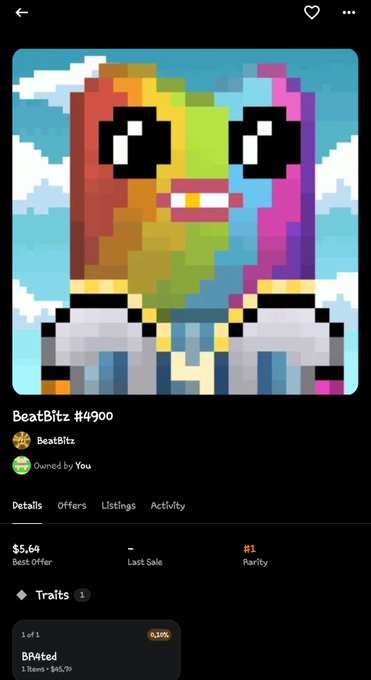 An NFT marketplace listing for "BeatBitz #4900" by BeatBitz, showing a pixel art character with a rainbow-colored body and a gold tooth. The item is owned by the user, with a best offer of $5.64 and a #1 Rarity ranking, and features the "BAIted" trait.