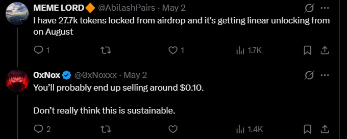 A Twitter exchange from May 2nd where user MEME LORD (@AbiLashPairs) mentions having 277k tokens locked from an airdrop with linear unlocking starting in August, and OxNox (@0xNoxxx) predicts they'll likely sell near $0.10, suggesting the price isn't sustainable—illustrating the poster's point that small holders end up forced to sell at low prices rather than benefiting from the $LAB rally.