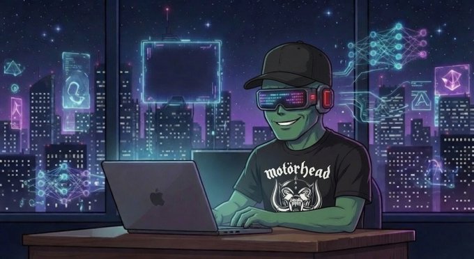 A cartoon-style illustration of a green-skinned character wearing a Motörhead t-shirt, headphones, and digital glasses, sitting at a laptop with a neon cityscape in the background.