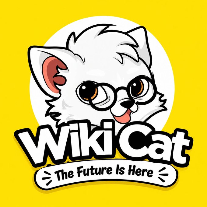 A logo featuring a white cat with round glasses, with the text 'WikiCat' and 'The Future Is Here' on a yellow background.