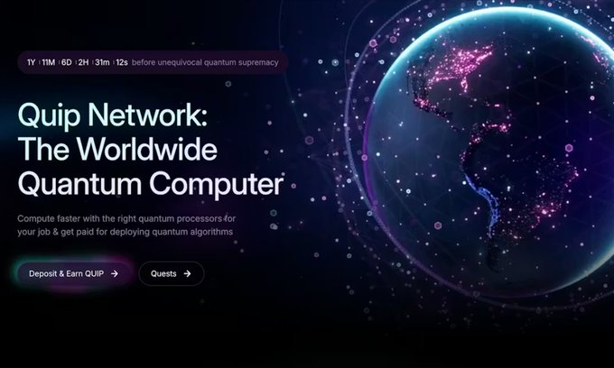The image features a website called Quip Network that focuses on the worldwide Quantum Computer. The website has a dark blue background with purple and pink elements, giving it an artistic and futuristic appearance. It displays information about the company's services and their approach to quantum computing.