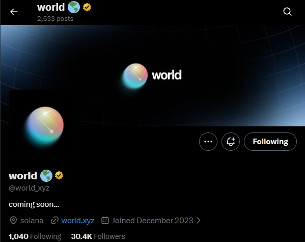 A Twitter/X profile page for "world" (@world_xyz), with a "coming soon..." bio, displaying 30.4K followers, 1,040 following, and a Solana link.