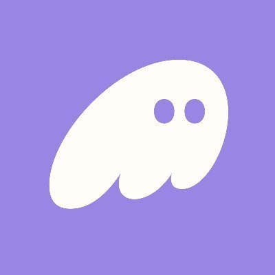 A simple white ghost illustration with two small oval eyes on a light purple background.