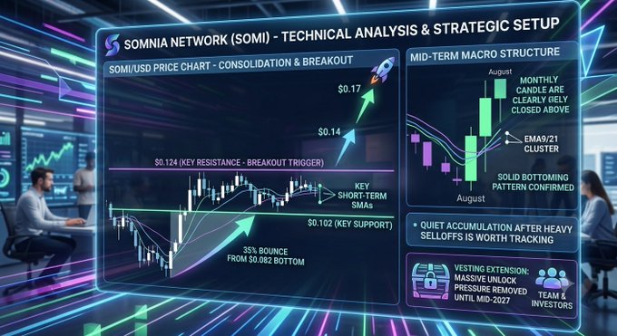 A cryptocurrency technical analysis chart for Somnia Network (SOMI) showing SOMI/USD price chart with consolidation/breakout pattern, key resistance at $0.124, $0.14 and $0.17 projections, alongside mid-term macro structure noting August monthly candle closure.