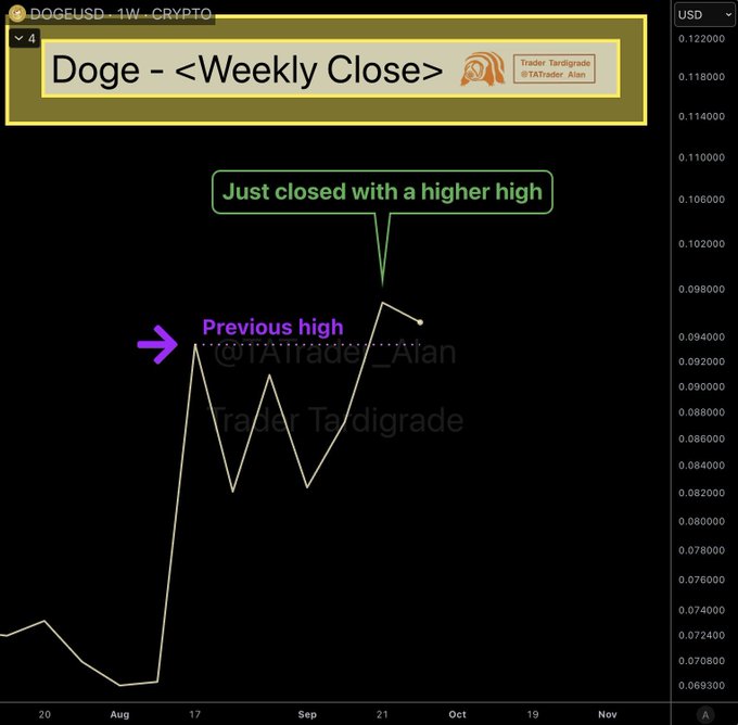 A trading chart titled 'Doge - <Weekly Close>' from Trader Tardigrade shows a DOGEUSD price line breaking above a 'Previous high' with annotations stating 'Just closed with a higher high'.
