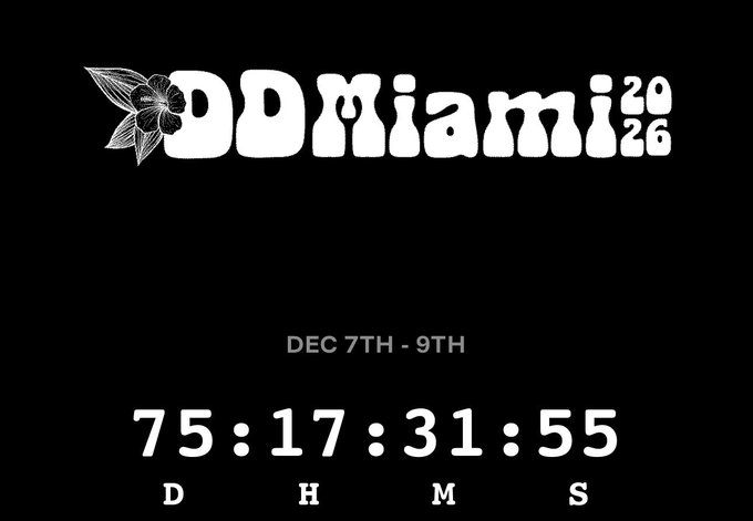 A countdown graphic for 'DD Miami 2026' on a black background, showing 75 days, 17 hours, 31 minutes, 55 seconds until Dec 7th-9th.