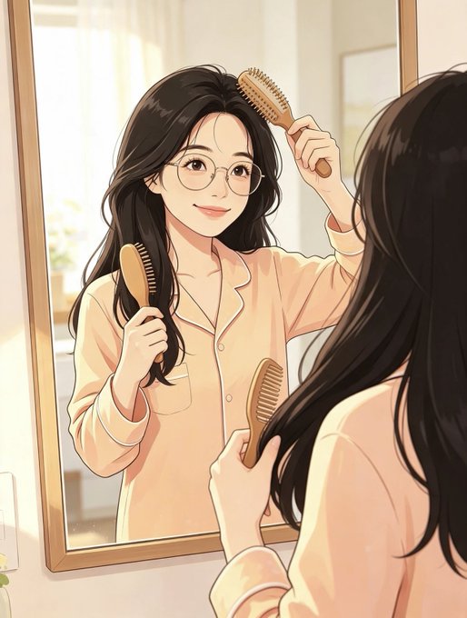 An illustration of a woman with glasses brushing her long dark hair while looking into a mirror.
