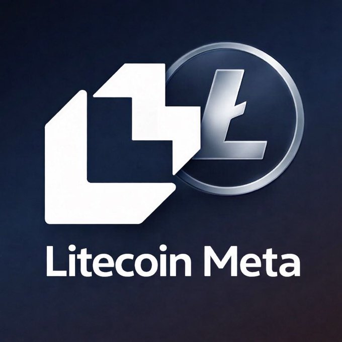 The image features a logo for Litecoin Meta, which is a cryptocurrency wallet designed by Bitcoin Core developers. The logo consists of a white "L" shape with a silver coin inside. The text "Litecoin Meta" is written below the logo in black letters. The background of the image is dark blue, and there are two coins visible - one on top of the other.