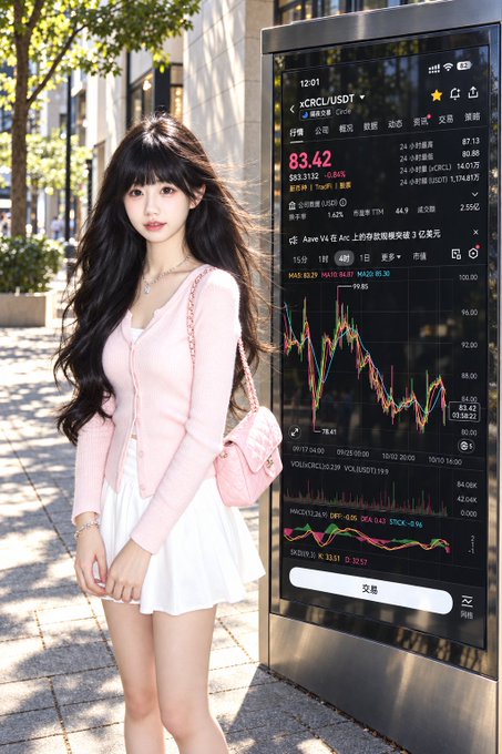 A woman with long dark hair in a pink cardigan and white skirt stands next to a large display showing a stock chart for ticker 'xCRLU/USDT' priced at 83.42.