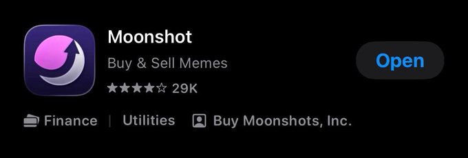 The image shows the App Store listing for the Moonshot app, which allows users to "Buy & Sell Memes," rated 4 stars with 29K reviews, developed by Buy Moonshots, Inc. and available in the Finance and Utilities categories. This app listing aligns with the post about trading memes in the USA on iOS and Android platforms.