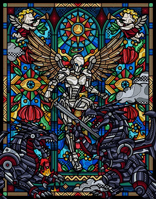 A detailed stained-glass style artwork featuring a winged armored figure slaying a dragon, surrounded by cherubs and ornate floral patterns.